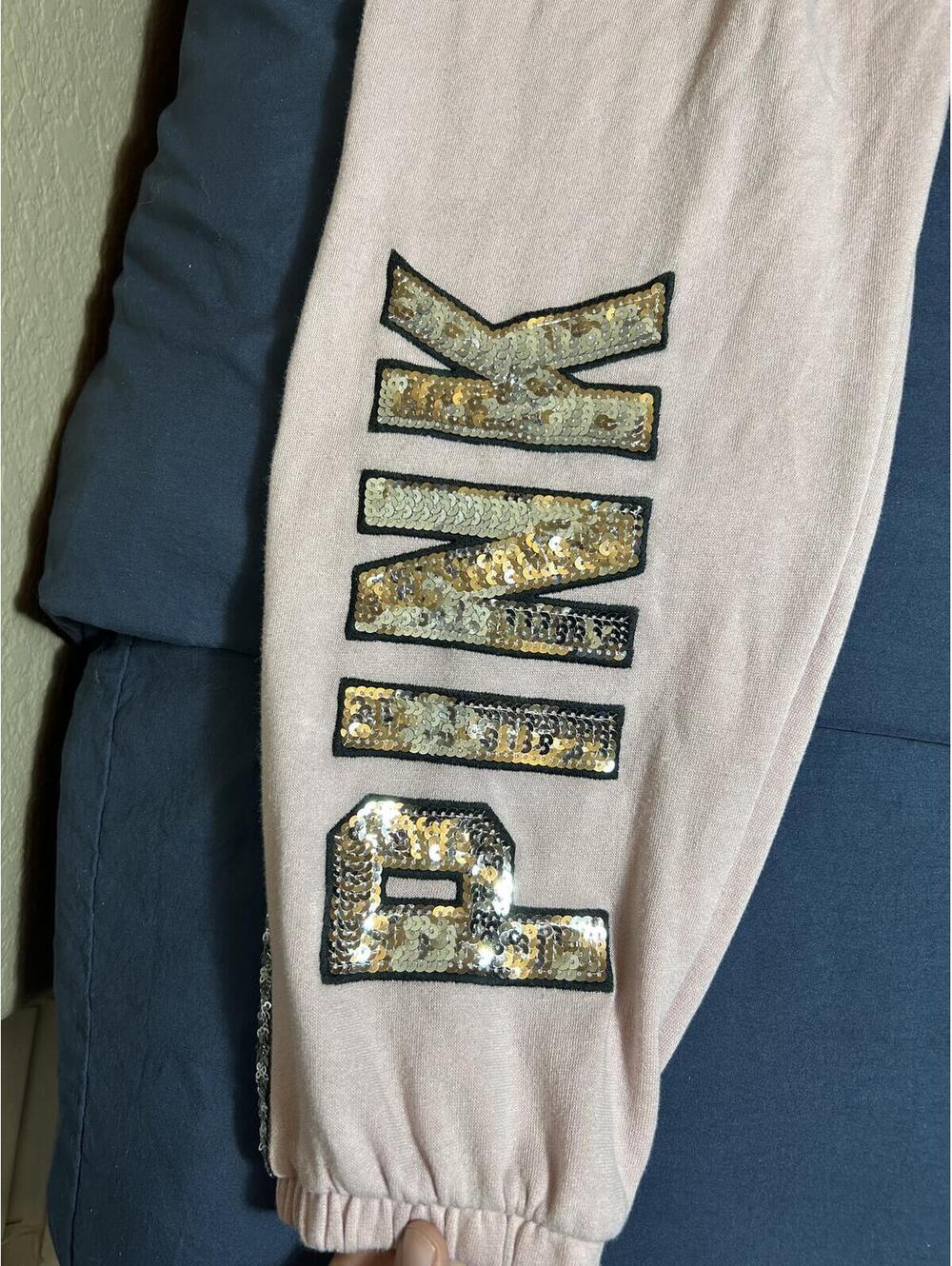 PINK Victoria's Secret Light Pink Sequin Side Stripe Jogger Sweatpants Size M - Picture 3 of 4